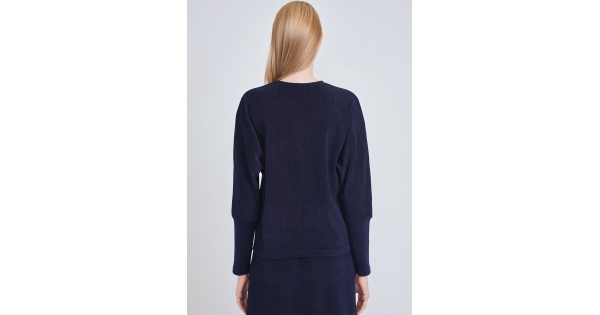 Navy Ribbed Comfort: Long Sleeve Tee | Modest Women Clothing - YAL